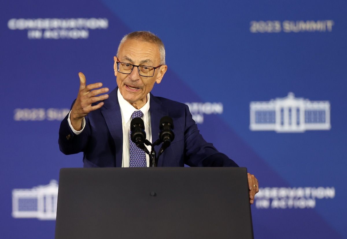 John Podesta, senior advisor to President Joe Biden for clean energy innovation and implementation, delivers remarks at the White House Conservation In Action Summit at the U.S. Interior Department in Washington, DC