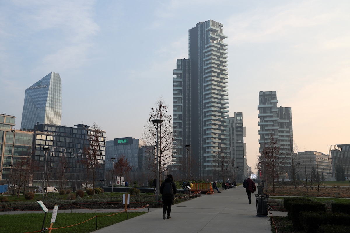 A general view of Porta Nuova district in Milan, Italy with visible air pollution