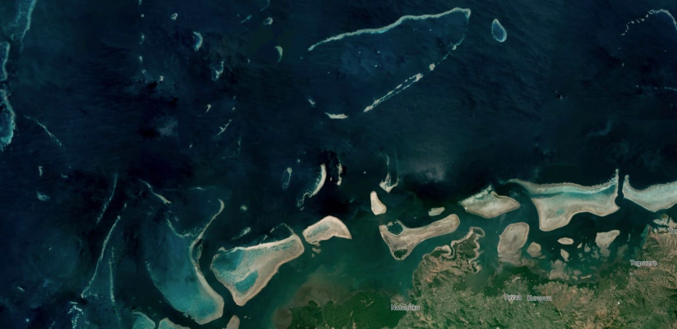 A satellite photo from the Allen Coral Atlas showing shallow coral reefs off Fiji