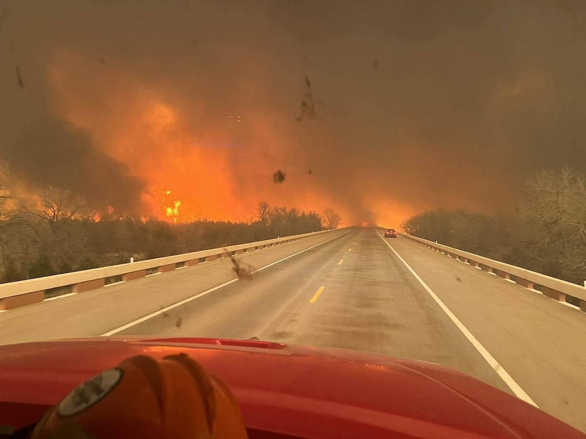A view of the Smokehouse Creek fire from a fire truck in the Texas Panhandle region