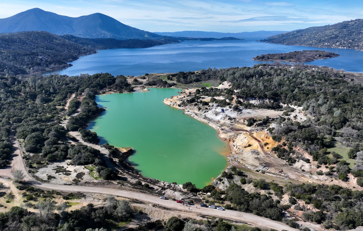 A drone view of the Sulphur Bank mercury mine Superfund site in Clearlake Oaks, California. The 160-acre site is an abandoned open pit mine near the Elem Native American colony on the shoreline of Clear Lake, and will soon be cleaned up by the U.S. EPA