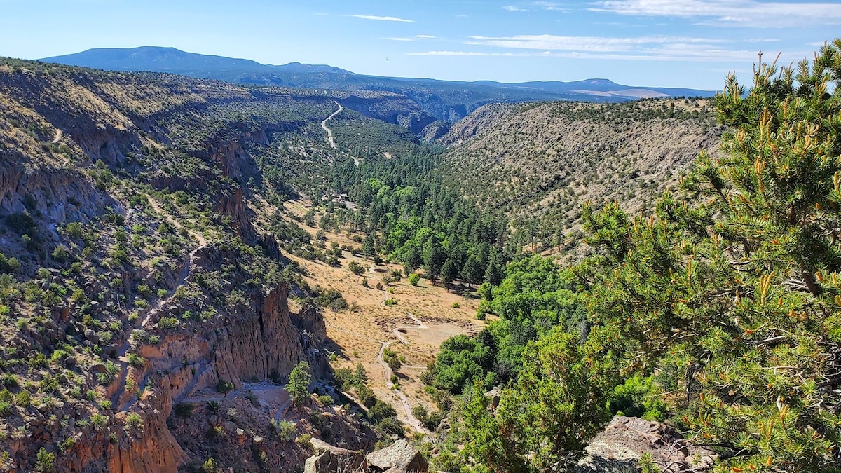 A view from the end of Tyuonyi Overlook Trail into Frijoles Canyon at Bandelier National Monument