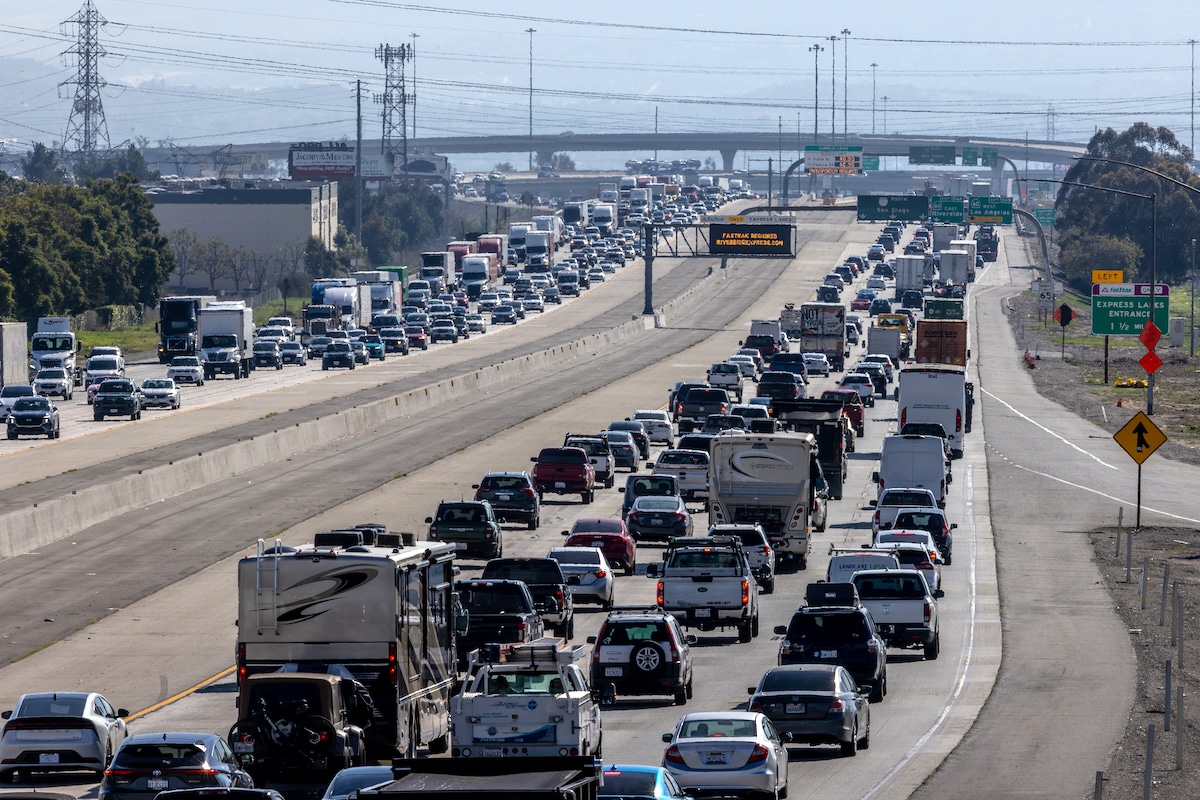 Afternoon traffic on the I-15 freeway between the 60 and 210 freeways in Ontario, California