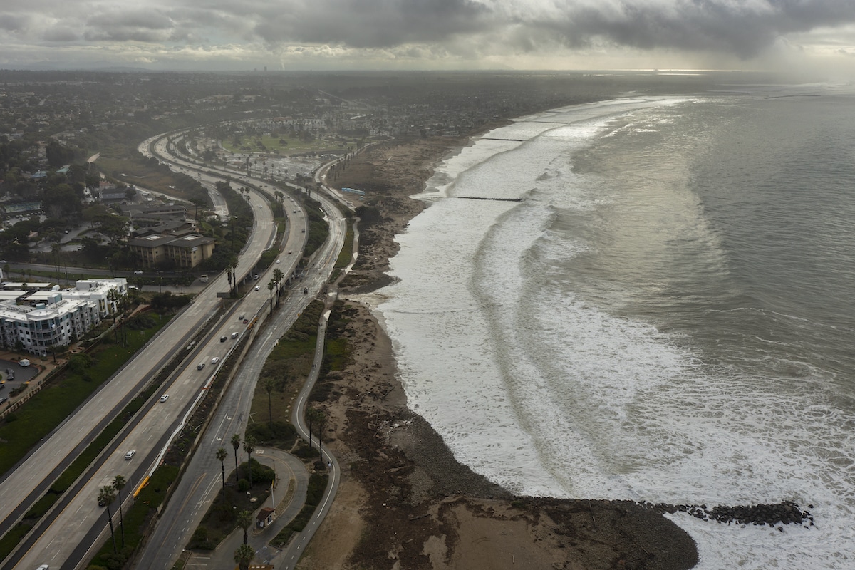 Large waves crash along the coast near U.S. Highway 101 as El Niño-influenced weather pounded the coast in Ventura, California