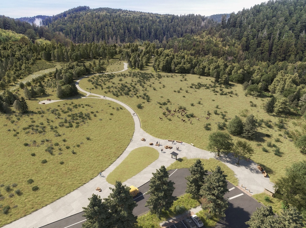 A rendering of the future ‘O Rew Redwoods Gateway, adding visitor amenities and trails connecting to Redwood National and State Parks. After the 2026 transfer, the Yurok Tribe plans to construct a visitor and cultural center and a traditional village on site