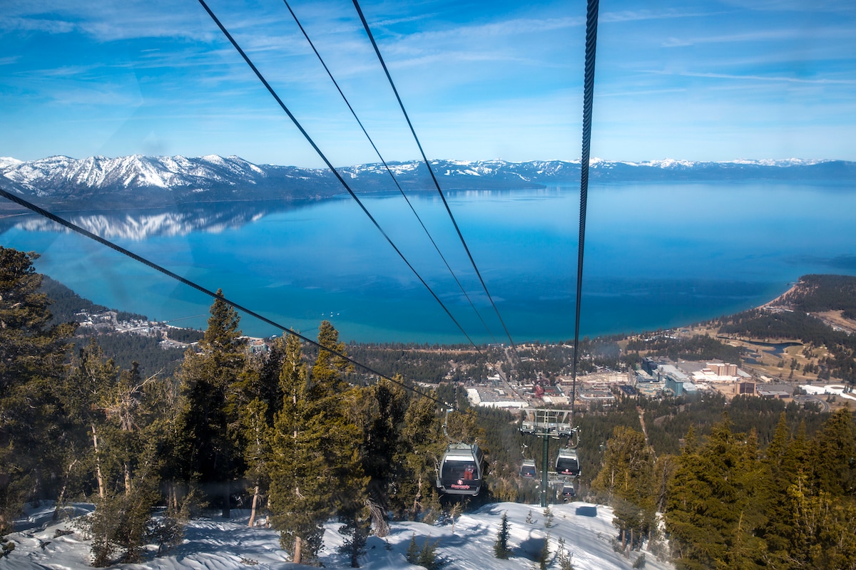 Skiers venture up the gondola at Heavenly Mountain in South Lake Tahoe, California with annual snowpack at 50% of normal