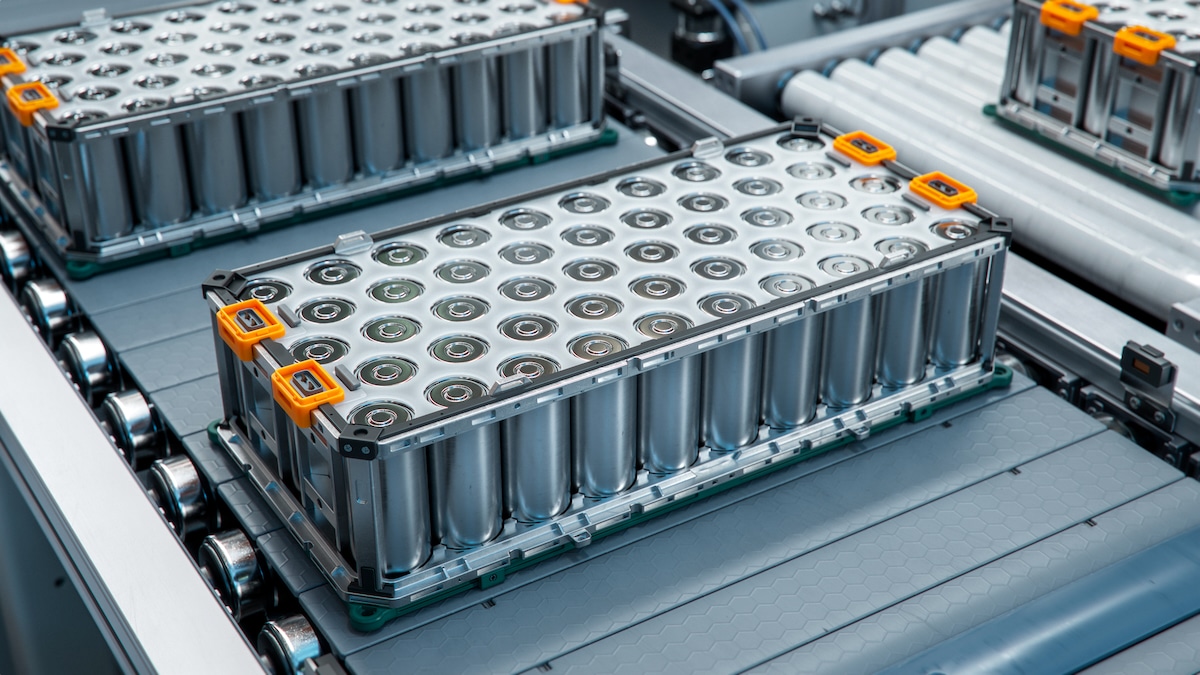 Lithium-ion EV batteries on a production line