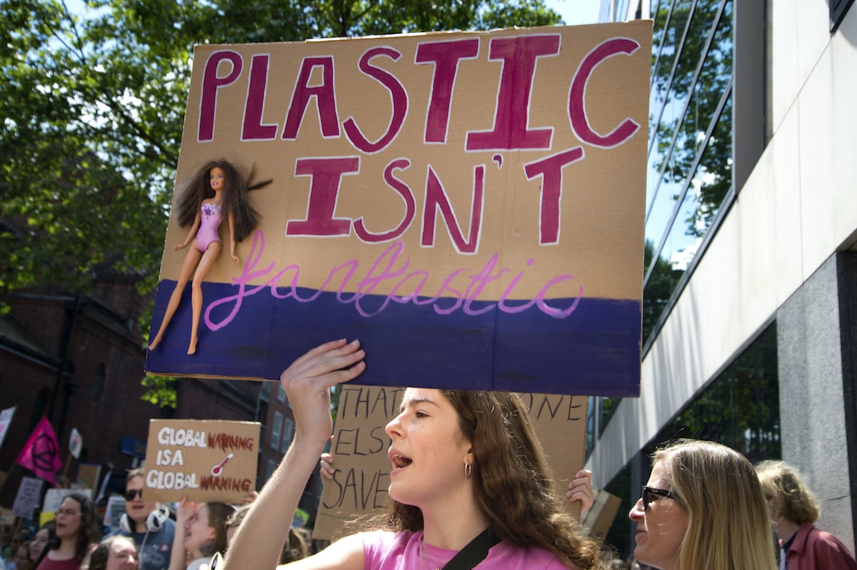 Students demonstrate against global warming and plastic pollution at a school climate strike in London, England