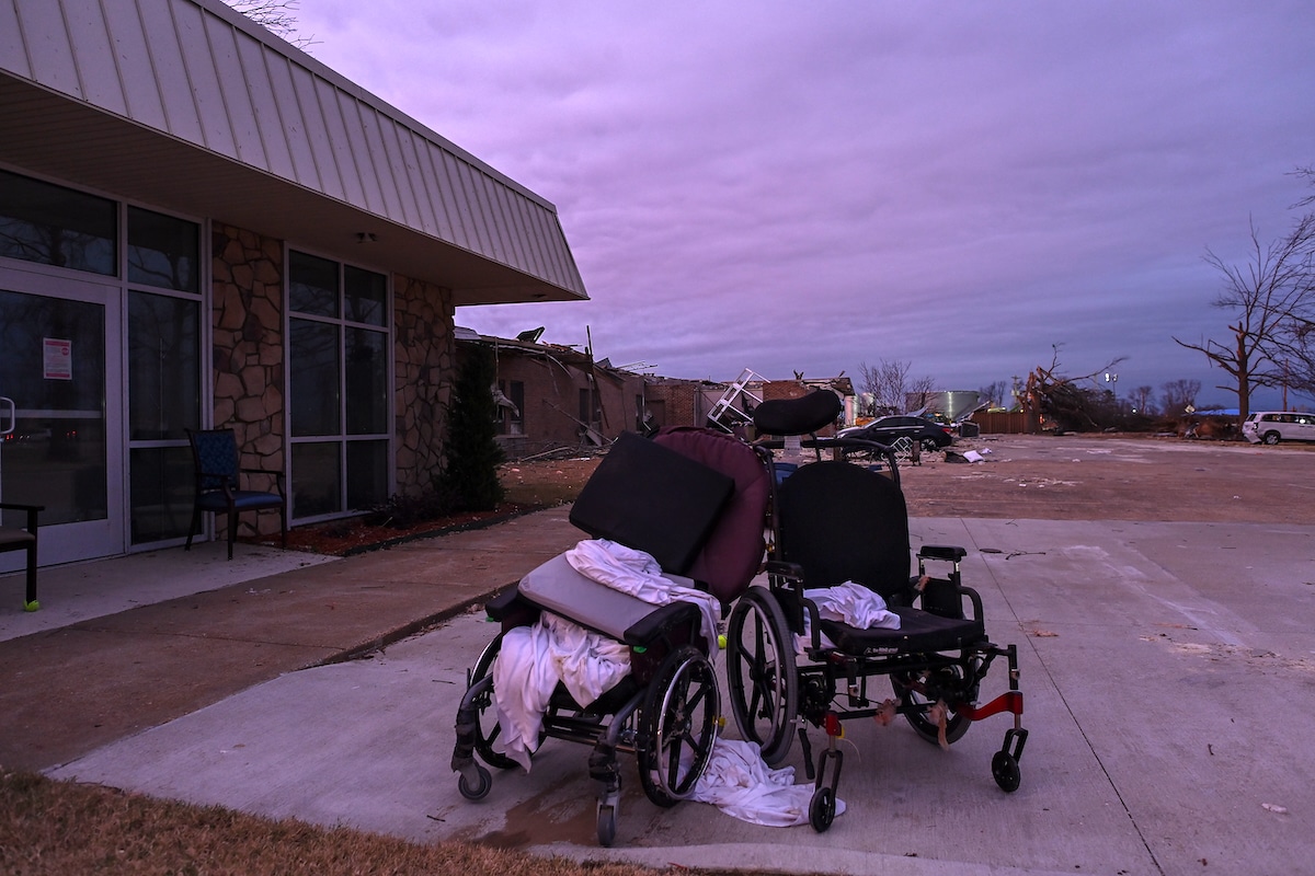 Wheelchairs outside a nursing home after it was destroyed by a tornado in Monette, Arkansas