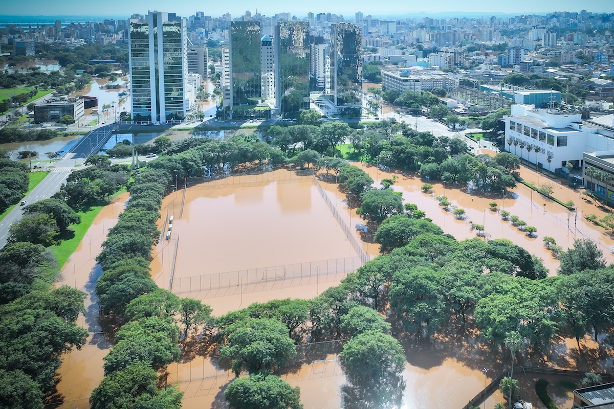 Aerial view of the flooded Travessia da Orla square at Menino Deus neighborhood in Rio Grande do Sul, Brazil