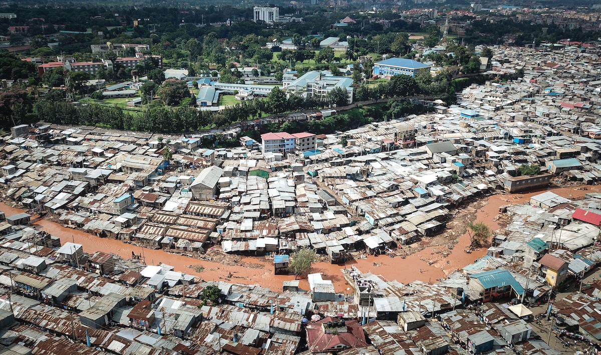 Aerial photo shows a flooded area in the Mathare slums in Nairobi, Kenya